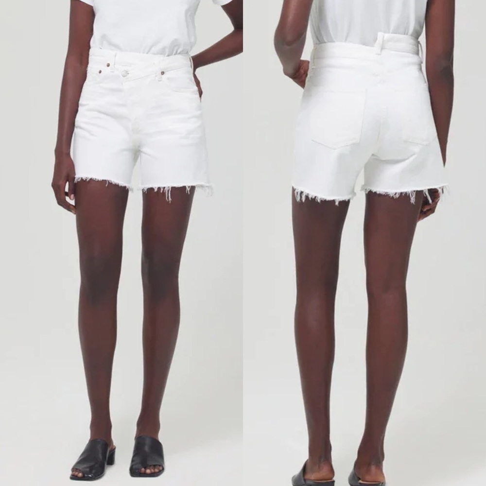NWT Agolde criss cross element white jean denim long shorts size 31 10 4” inseam